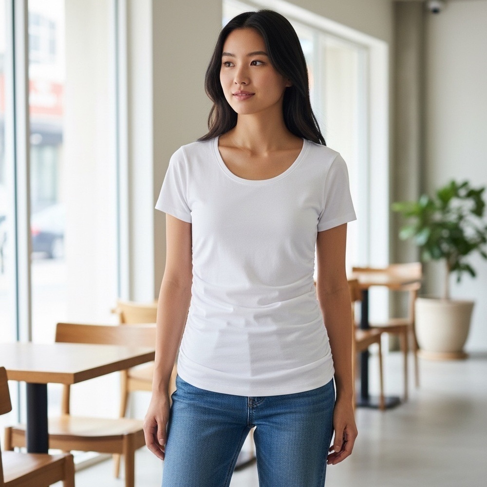 Women’s Pink Queen White Shirt Sleeve Ruched White T-Shirt Size-Small NWT